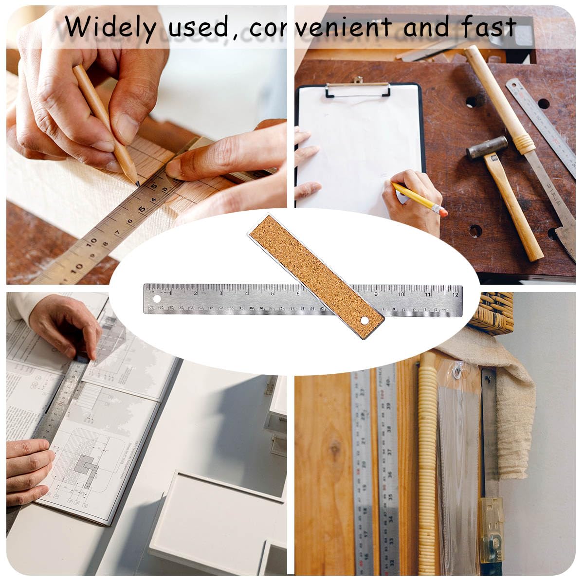 Metal Ruler 6 Inch 12 Inch Stainless Steel Metal Ruler with Cork Backing, Non-Slip Rulers with Inch and Centimeters, Straight Edge Cork Base Rulers HZMM