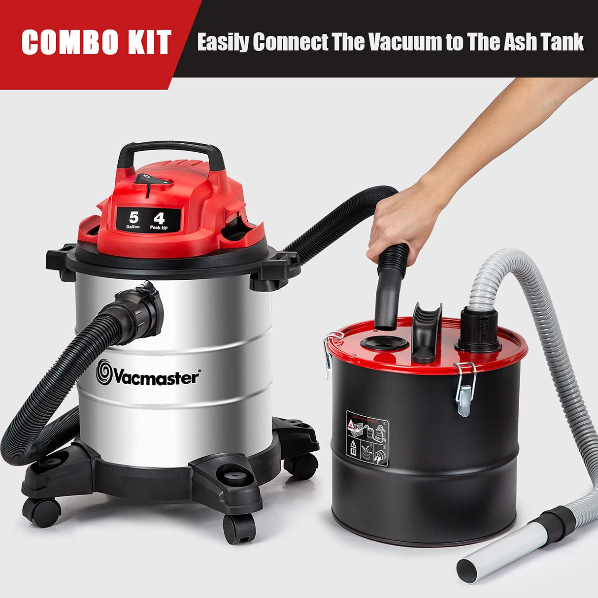 Vacmaster VOC508S 1102 5 Gallon Stainless Steel Wet Dry Shop Vacuum and 3 Gallon Ash Tank Combo Vacmaster