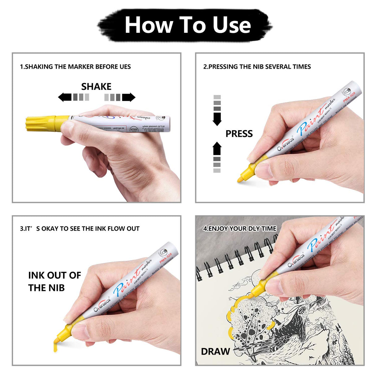 Gold Paint Markers Pens - Single color 6 Pack Permanent Oil Based Metallic Paint Pen, Medium Tip, Quick Dry and Waterproof Marker for Rock, Wood, Overseas