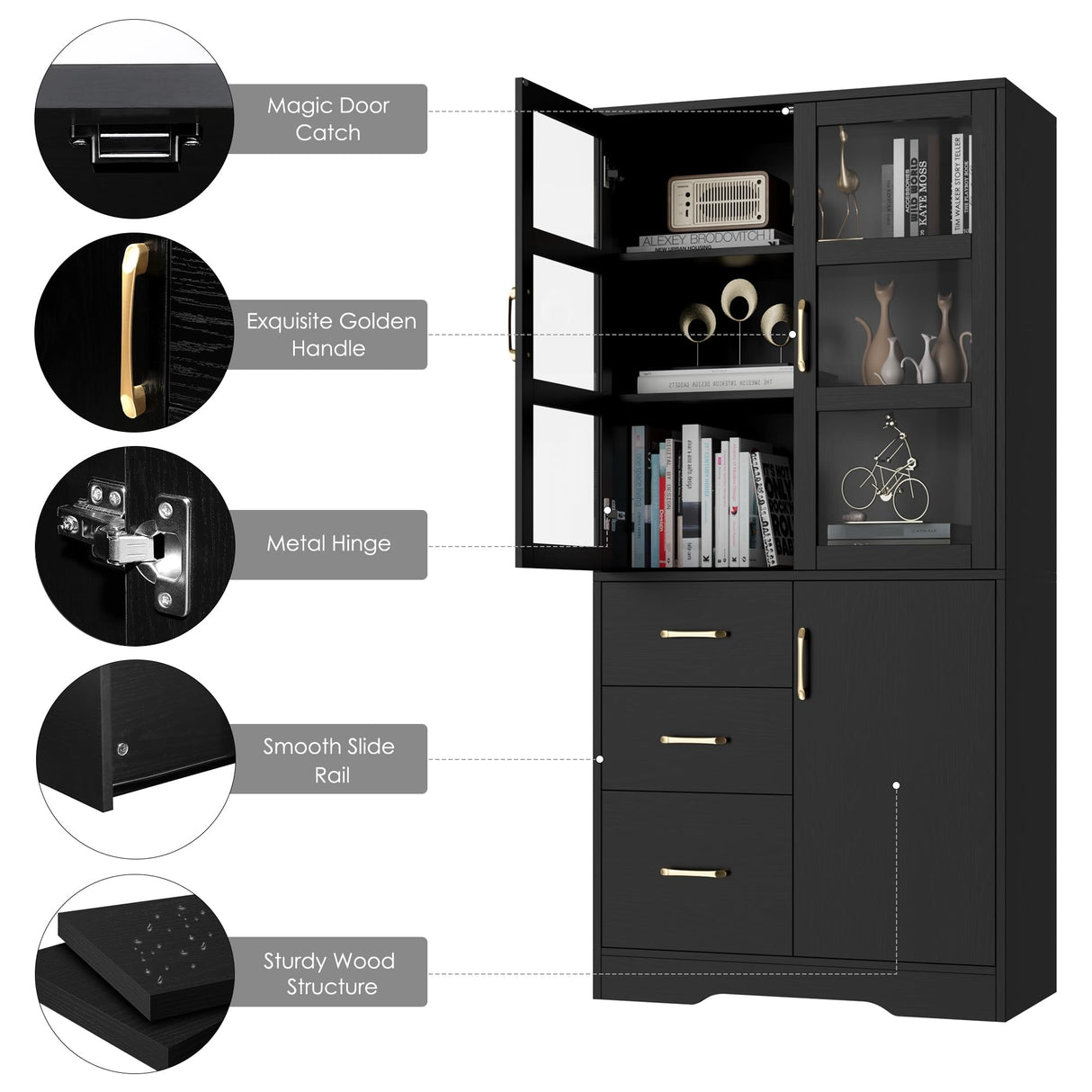 HIFIT Tall Storage Cabinet with 2 Glass Display Door & Shelves & 3 Drawer, 67"H Tall Kitchen Pantry Cabinet with Gold Handles, Modern Linen Cabinet HIFIT