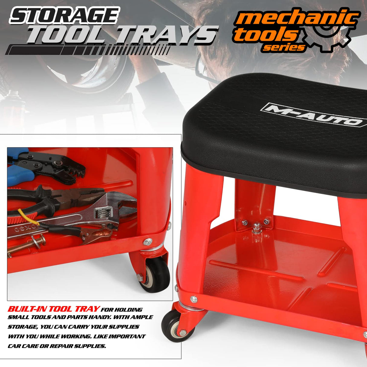 M-AUTO Heavy Duty Garage Rolling Work Seat 300LBS Capacity Mechanics Stool with Wheels, Rolling Work Seat with Equipment Tray and Tool Rack, M-AUTO