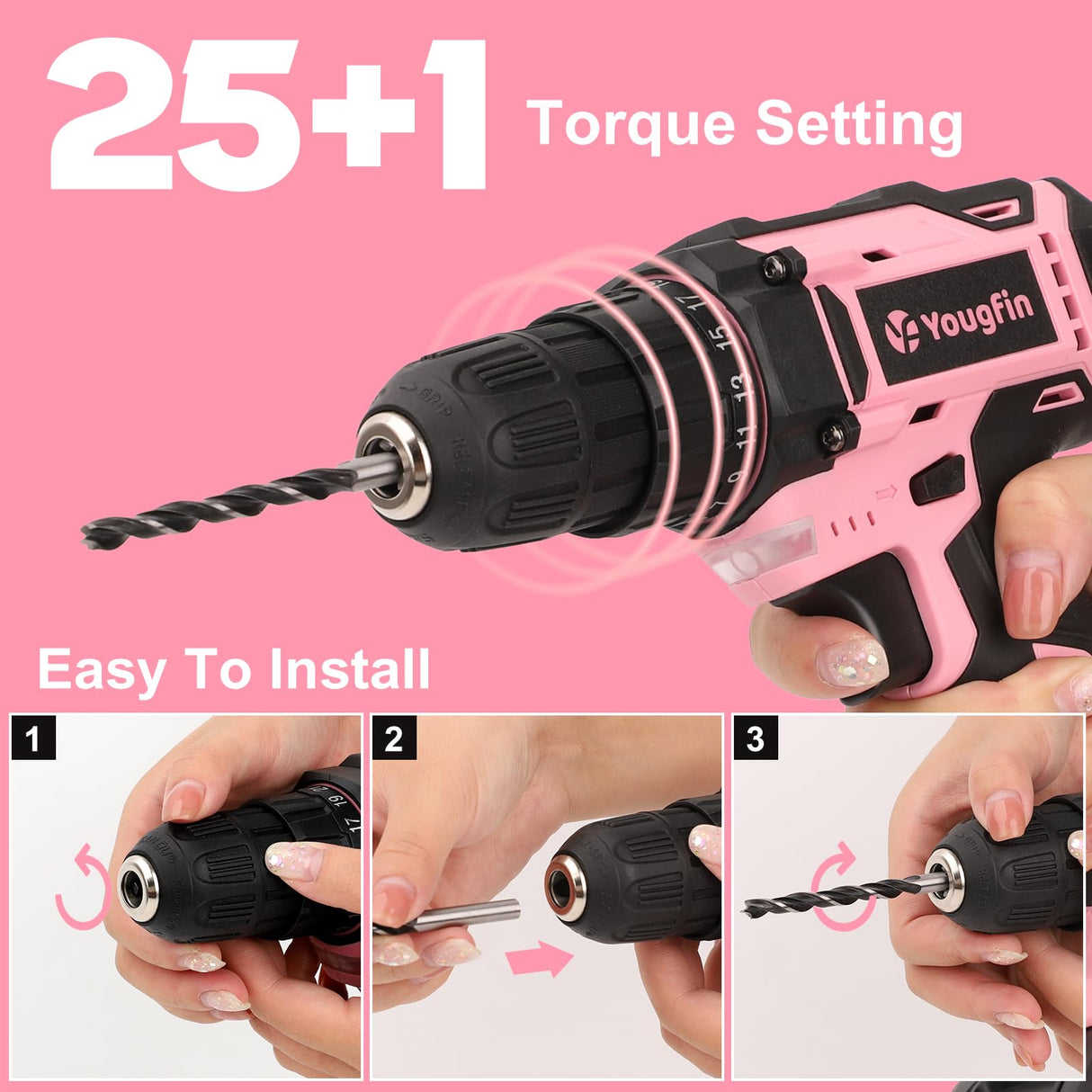 Yougfin Cordless Drill Set Pink For Ladies, 20V Power Drill Driver With Battery & Charger, 3/8" Keyless Chuck, Variable Speed, 25+1 Torque Setting, Yougfin