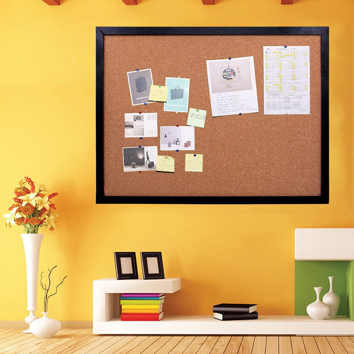 Black Cork Board Bulletin Board, 17.7"X 13.3" pin Boards for Walls, Oak Wood Finish Frame, Wall Mounted Cork Board for Office Home and School(Pins, BGJRBY