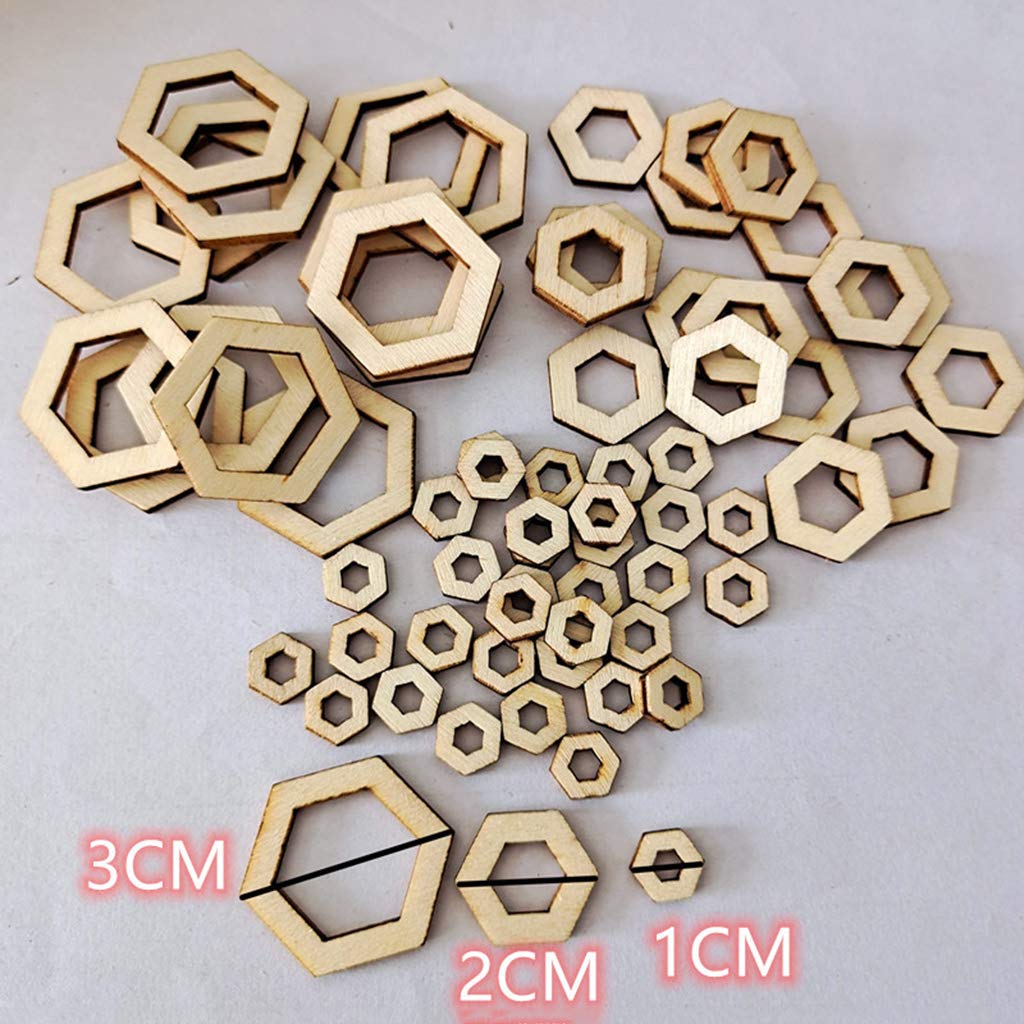 freneci 100Pcs Blank Wood Pieces Square Flowers Hexagon Hollow Unfinished Wooden Cutouts Embellishments for DIY Arts Craft Project, Picture Photo freneci