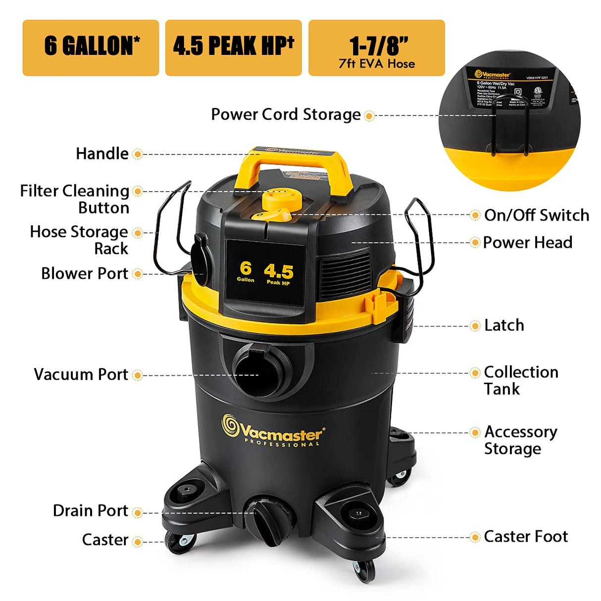 Vacmaster VDK611PF 0201 6-Gallon Wet/Dry Shop Vacuum with Filter Cleaning System Vacmaster