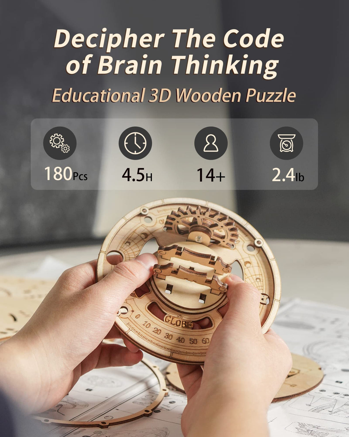 ROKR LED Illuminated 3D Wooden Globe Puzzle - Model Building Kit for Adults and Teens ROKR