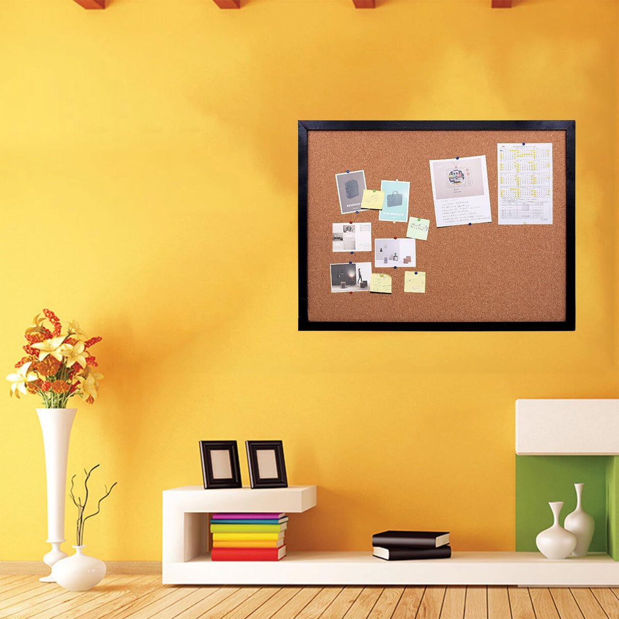 Black Cork Board Bulletin Board, 14.6"X 11" Cork Board, Oak Wood Finish Frame, Wall Mounted Cork Board for Office Home and School(Pins, Eye Bolts, BGJRBY