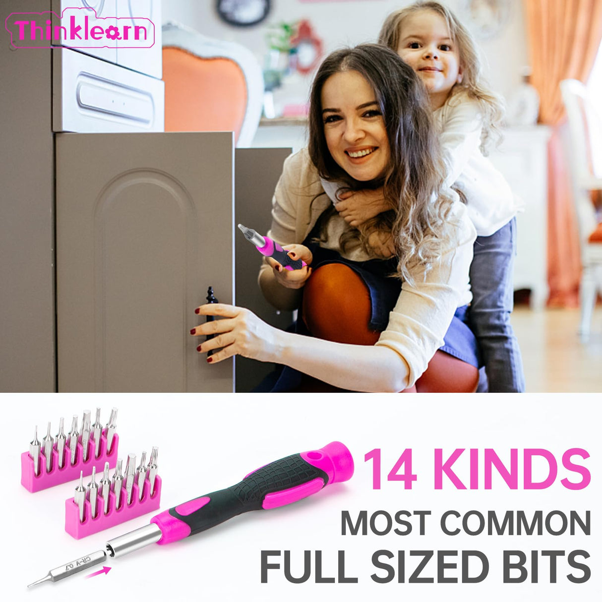 64PCS Pink Tool Set with Cordless Drill, 8V Power Drill and Pink Tool Kit for Women, 3/8"Keyless Chuck Electric Screwdriver Driver Kit for Home DIY ThinkLearn