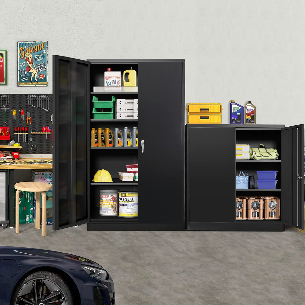 Greenvelly Metal Garage Cabinet, 42" H Locking Metal Storage Cabinet with 2 Doors and Adjustable Shelves, Black Steel File Cabinet for Home Office, Greenvelly