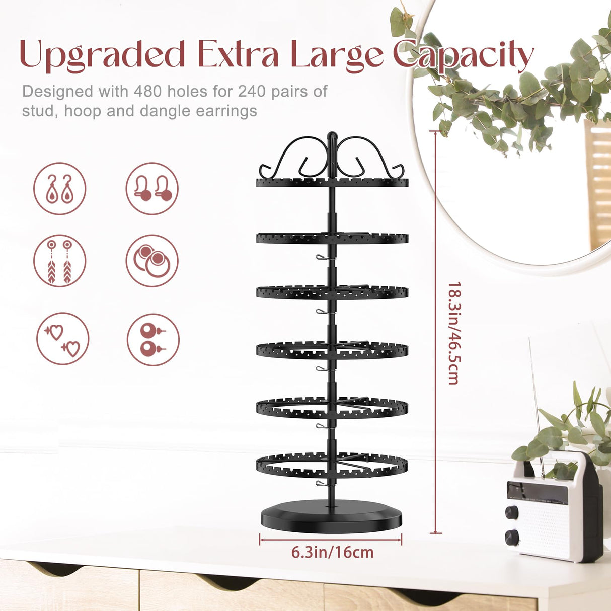 MODOWEY 6 Tier Rotating Earring Holder Organizer, Adjustable Metal Earring Display Stand Rack for Women Girl, 400 Holes and Grooves Earring Tower MODOWEY