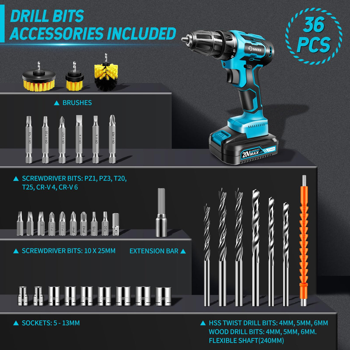 Saker Cordless Drill Set, Brushless 20V Electric Drill with Drill Bits, 3/8-Inch Keyless Chuck, 2 Variable Speeds, 430 In-lbs Torque Battery Power Saker
