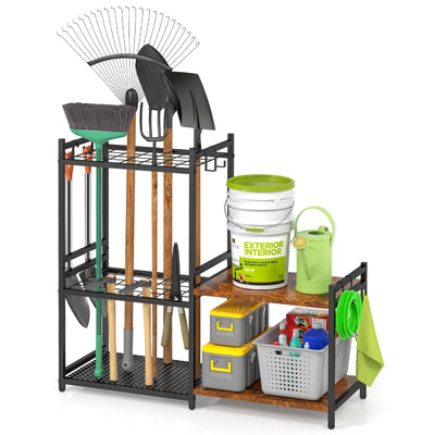 DAOUTIME Garage Tool Organizer with 2-tier Wooden Shelves, Yard Tool Organizer for Garage with 6 Hooks, Heavy duty Steel Garden Tool Rack Holds up to