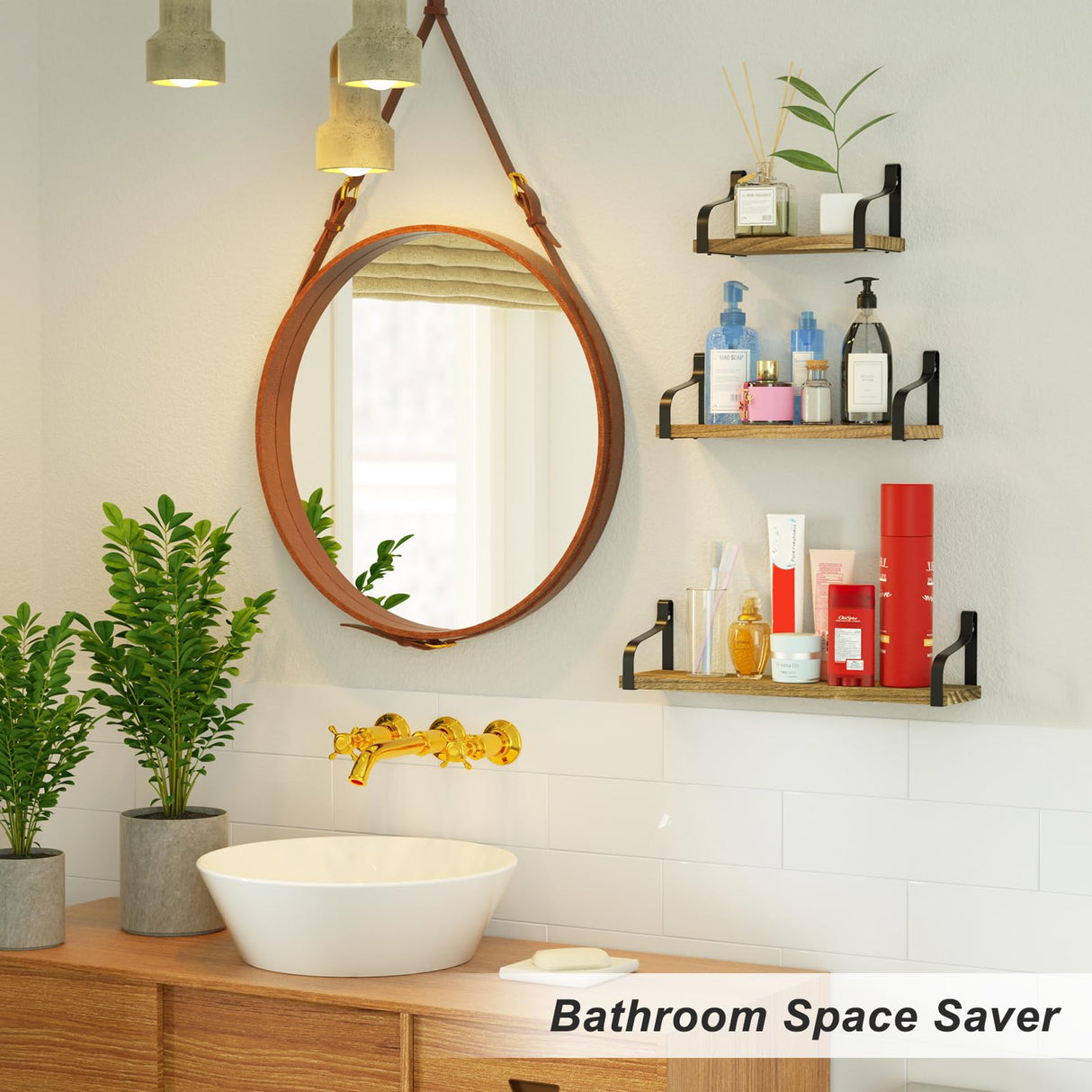 Love-KANKEI Floating Shelves Wall Mounted Set of 3, Rustic Wood Wall Storage Shelves for Bedroom, Living Room, Bathroom, Kitchen, Office and More Love-KANKEI