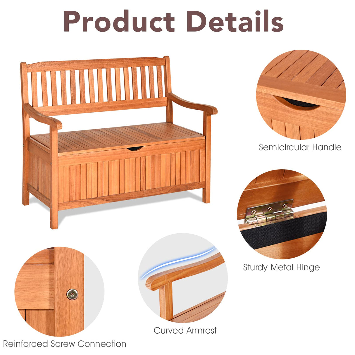 HAPPYGRILL Eucalyptus Wood Outdoor Storage Bench with Dustproof Liner - 33 Gal Capacity HAPPYGRILL