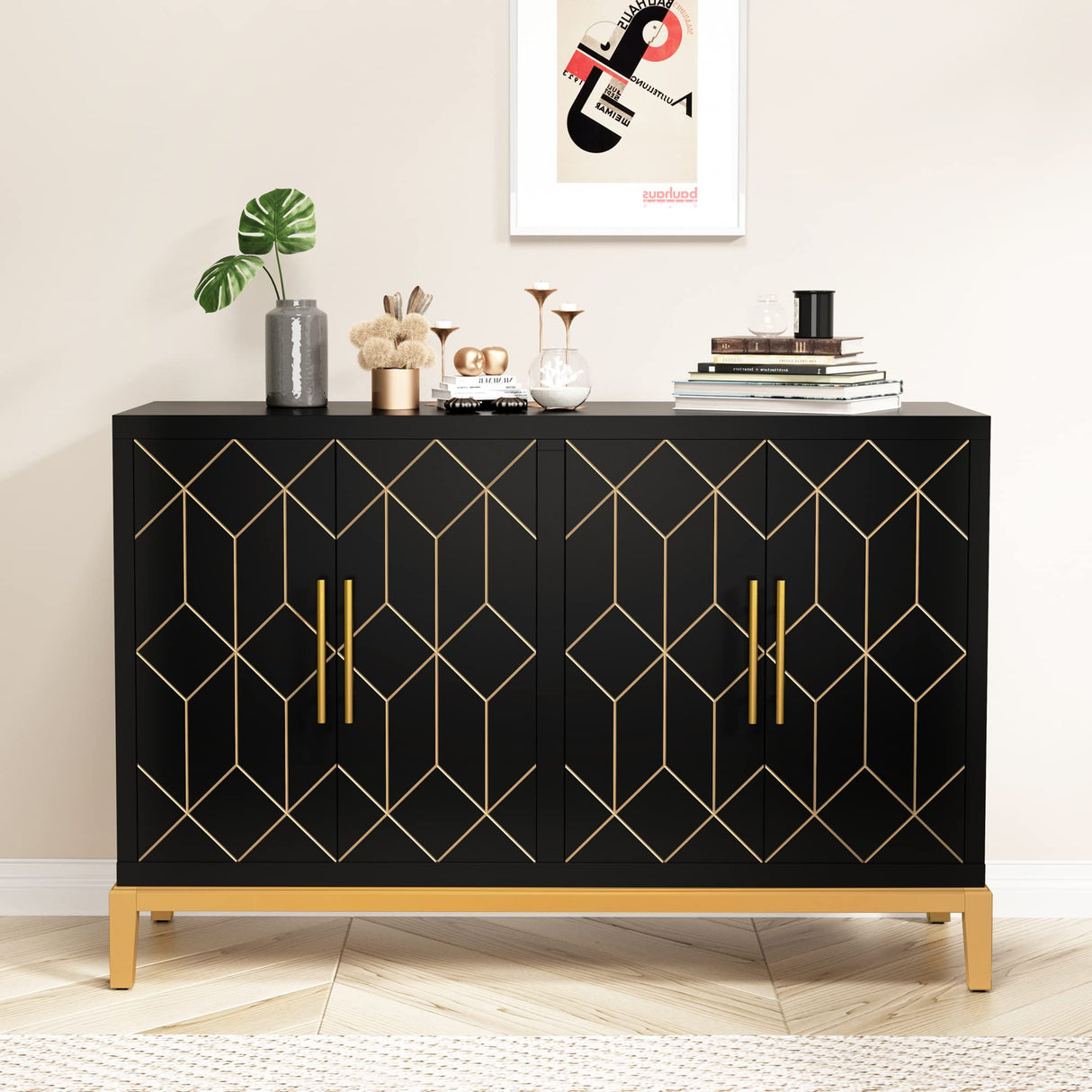 HLR Accent Cabinet with 4 Doors&Shelves, Sideboard Buffet Cabinet with Gold Trim, Modern Black Storage Cabinet for Living Room, Entryway, Kitchen, HLR