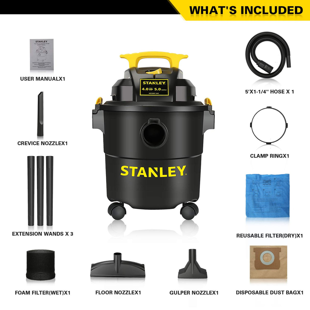 Stanley SL18115P Wet/Dry Vacuum, 5 Gallon, 4 Horsepower, 4.0 HP AC, Black Stanley
