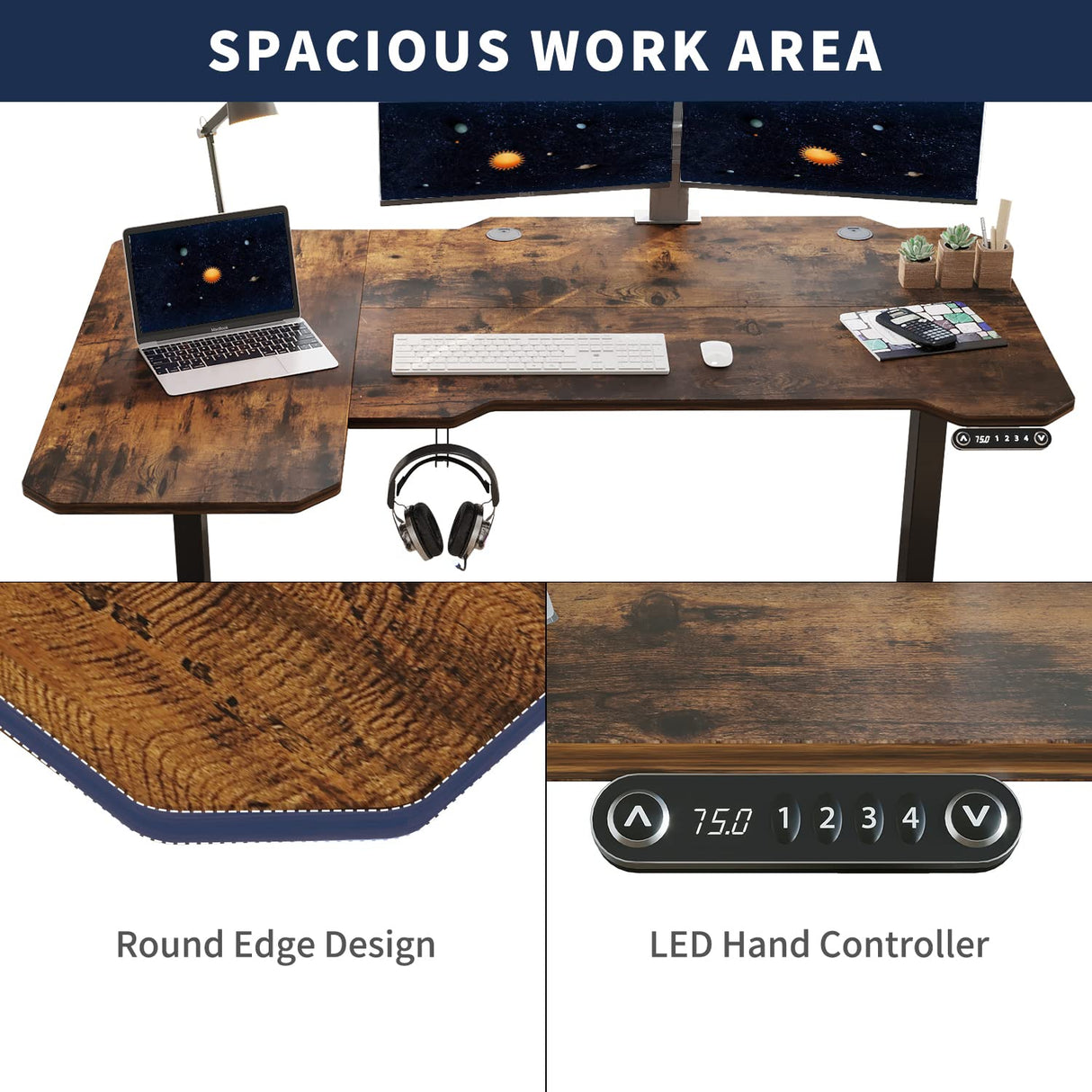 HEONAM 59'' L Shaped Electric Height Adjustable Standing Desk, Sit to Stand Home Office Computer Desk with Black Frame & Rustic Brown Top HEONAM