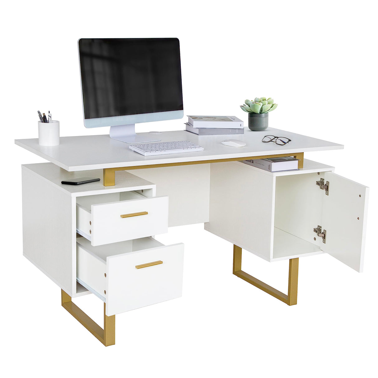 Techni Mobili Storage Drawers and Cabinet 51.25” W-Modern Office Large Floating Desktop Surface Desk, White/Gold Techni Mobili