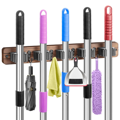 IMILLET Broom Holder Wall Mount, Wood Broom Holder with 5 Racks and 4 Hooks Broom Organizer, Laundry Room Organization and Storage, Mop Holder for