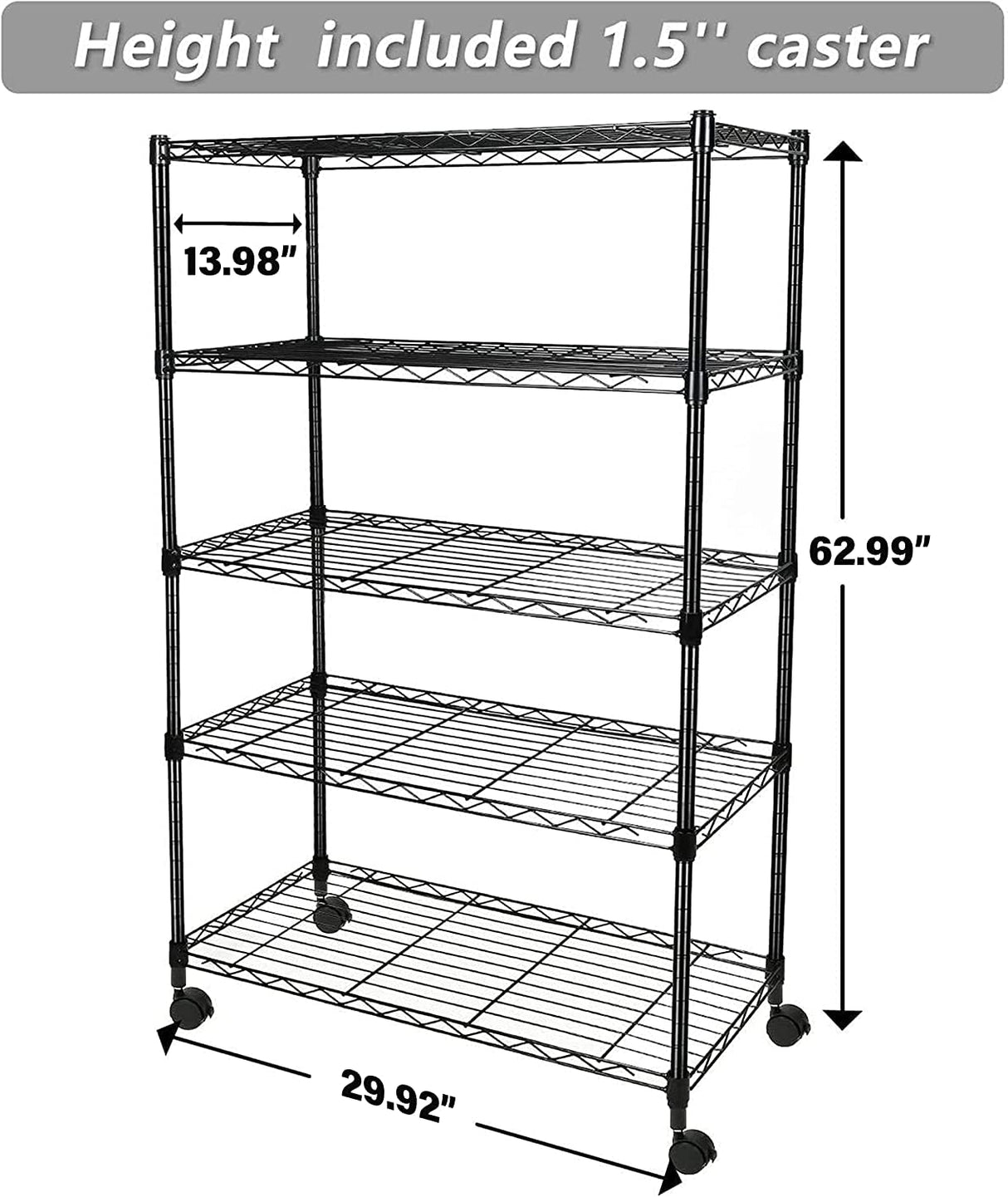 Simple Deluxe Heavy Duty 5-Shelf Shelving Unit 1250Lb Capacity, 29.92" D x 13.98" W x 62.99" H, 5 Tier, Black Simple Deluxe
