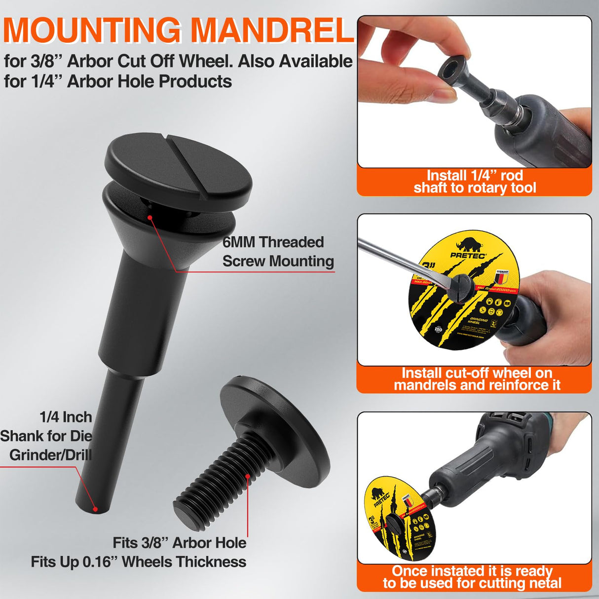 PRETEC 2 Set Cut Off Wheel Mounting Mandrel 1/4" & 3/8" Arbor Hole with 1/4" Shaft Stem for Die Grinder Accessories Drill Rotary Tool PRETEC