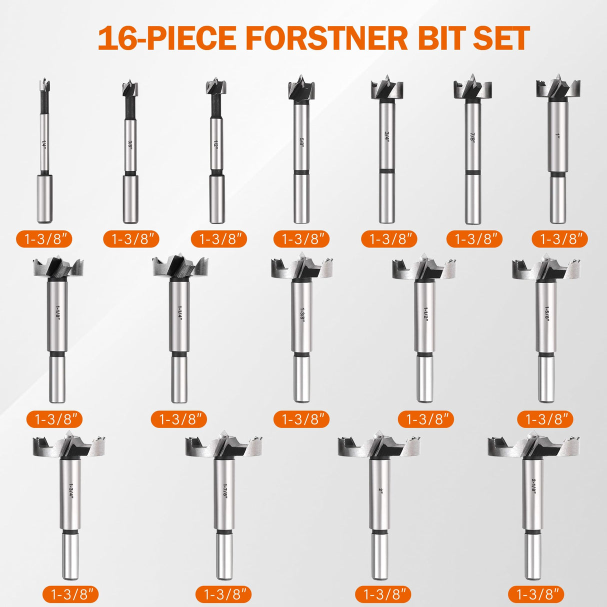 KENDO 16 Piece Forstner Bit Set, Made of Alloy Steel, Forstner Bits for Woodworking, Auger Opener Round Shank Drilling Cutting Tool for Hardwood, Kendo