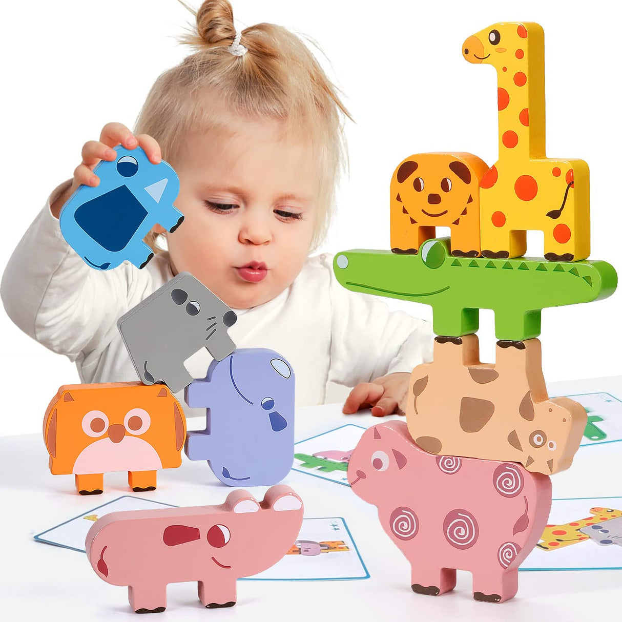 Montessori Toys for 2 3 4 Year Old, 10pcs Wooden Animal Blocks Sorting & Stacking Toys for 2-4 Year Old Toddlers Girl Boy Gifts, Kids Preschool Bambilo