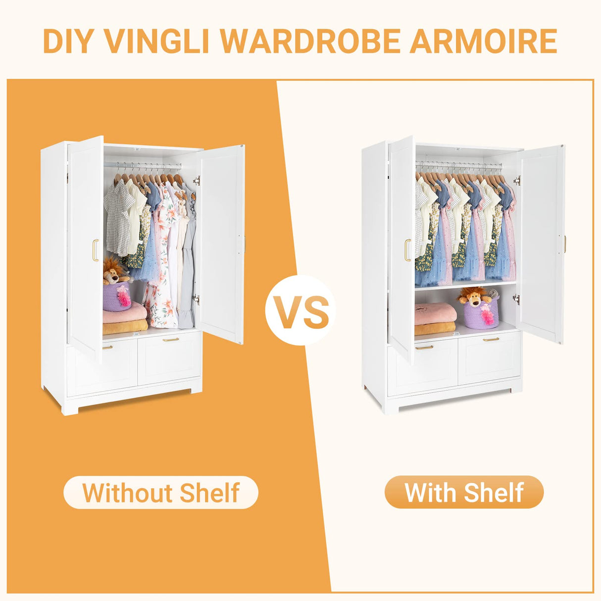 VINGLI Wide White Armoire Wardrobe Closet with Adjustable Shelves and Drawers, 60" Freestanding Closet Wardrobe Cabinet, Armoires and Wardrobes with VINGLI