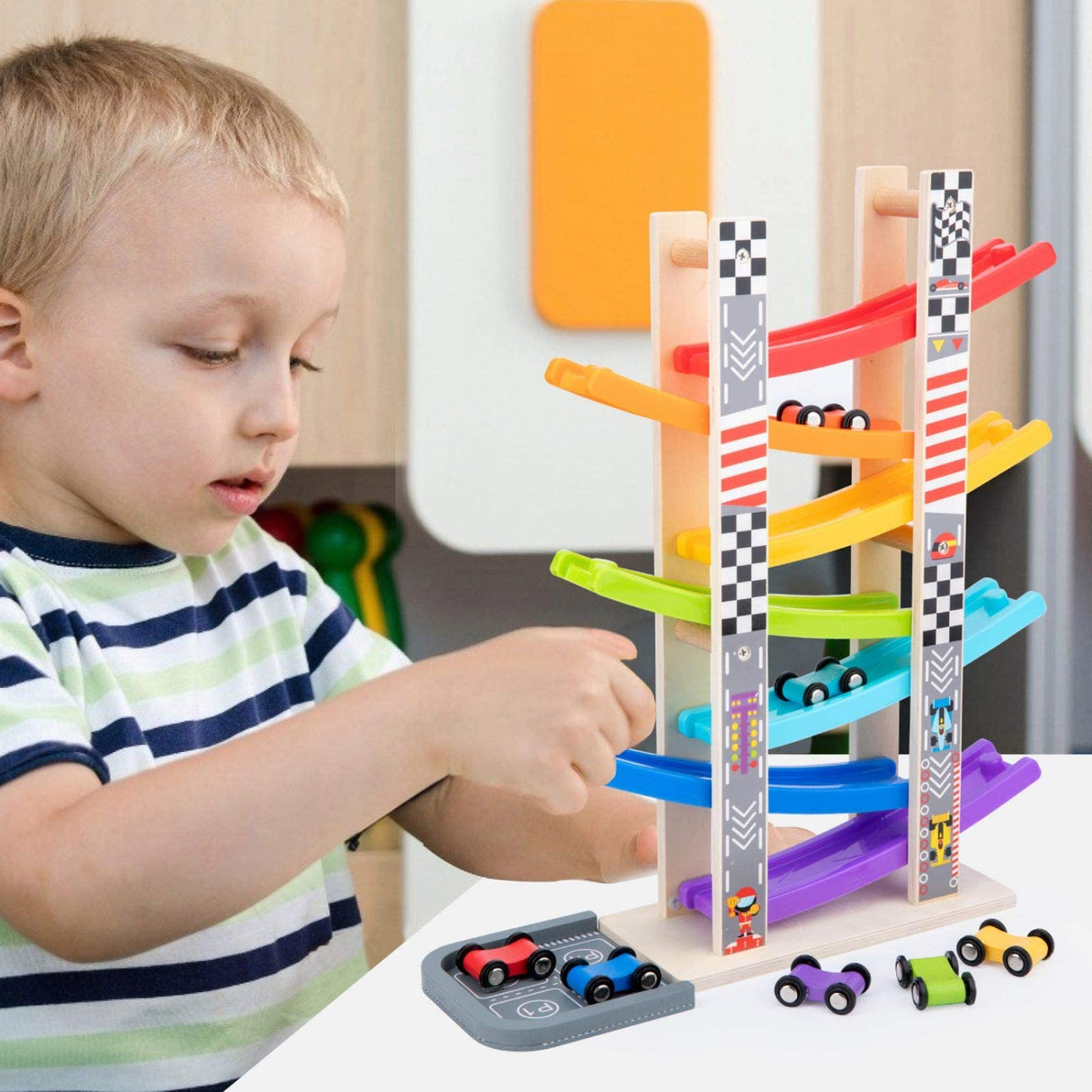 WOOD CITY Toddler Toys for 1 2 3 Years Old, Wooden Car Ramp Racer Toy Vehicle Set with 7 Mini Cars & Race Tracks, Montessori Toys for Toddlers Boys WOOD CITY