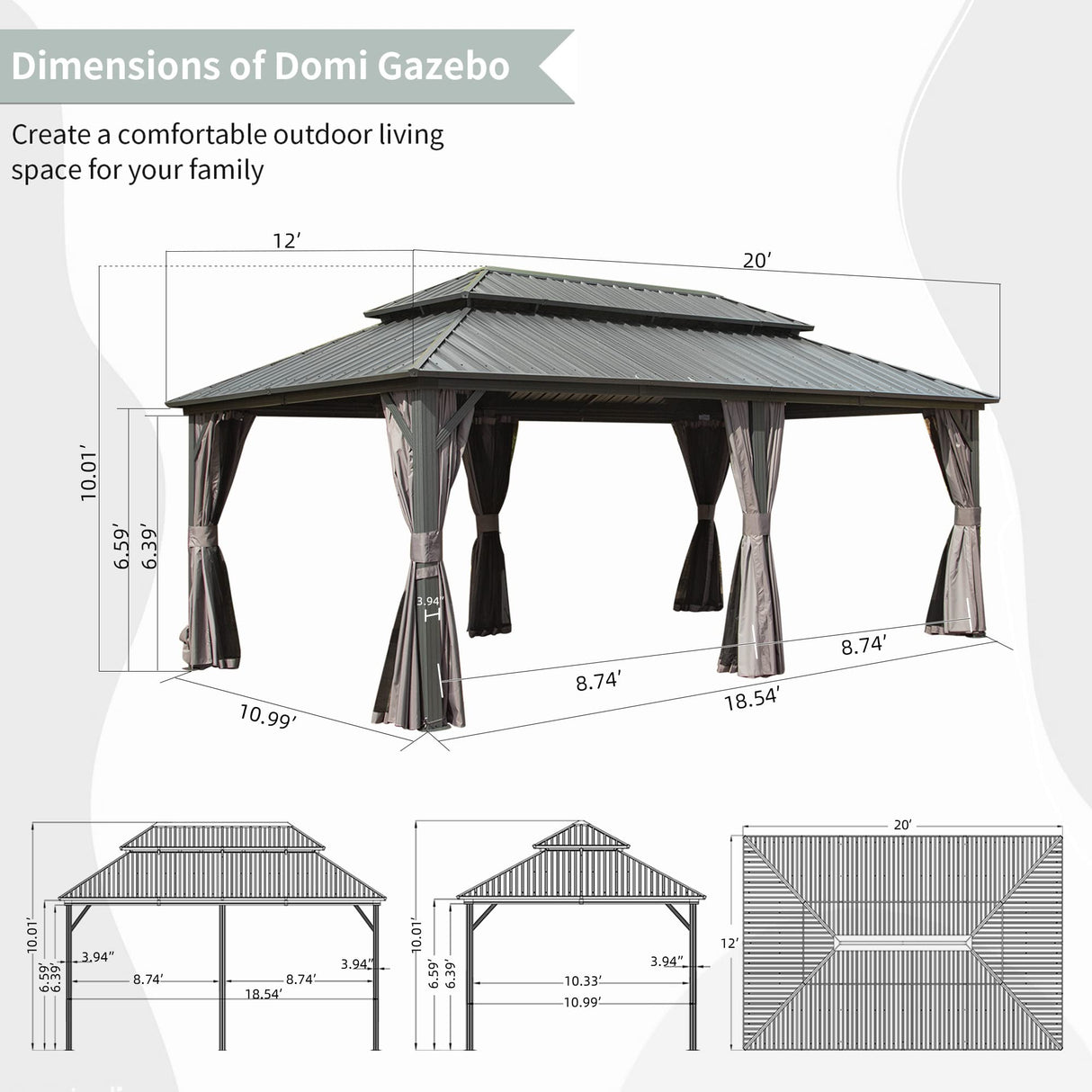 Domi 12’ x 20’ Hardtop Gazebo Canopy Outdoor Aluminum Gazebo, Galvanized Steel Double Roof with Curtains and Netting for Deck, Backyard, Patio, domi outdoor living
