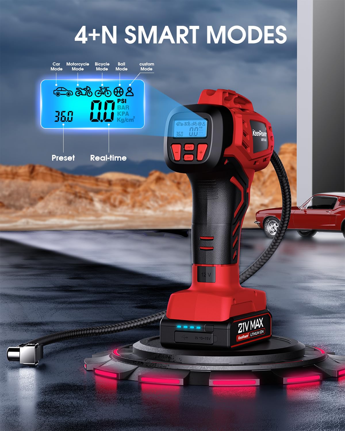 KeenPower Digital Cordless Tire Inflator Portable Air Compressor Automatic 160PSI w/Gauge Screen & 4+N Smart Mode & Dual Power Supply, Rechargeable KeenPower