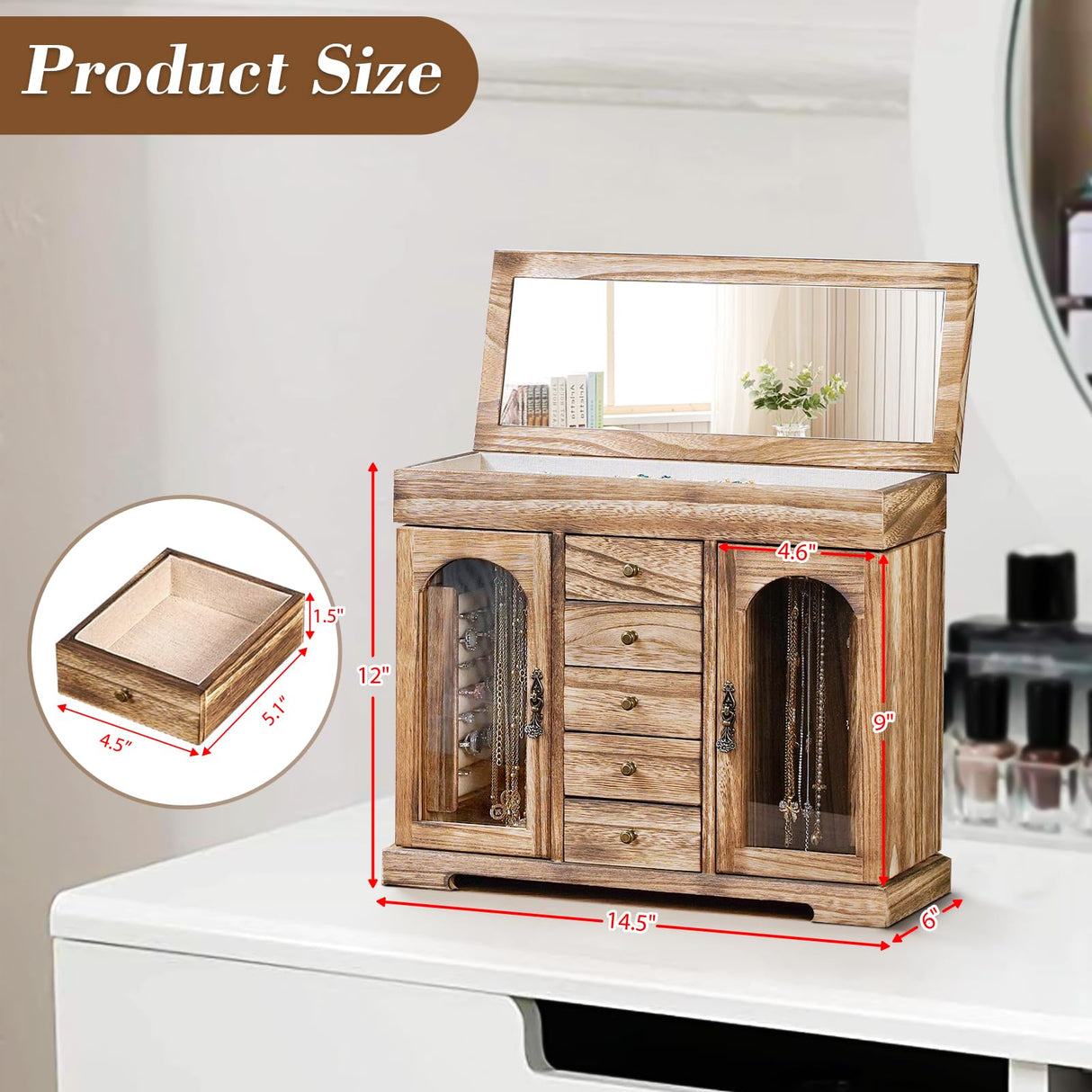 Miratino Jewelry Box for Women Girls, Rustic Wooden Jewelry Organizer Box with Mirror, 5 Layer Jewelry Storage Case Display for Necklaces Earrings Miratino
