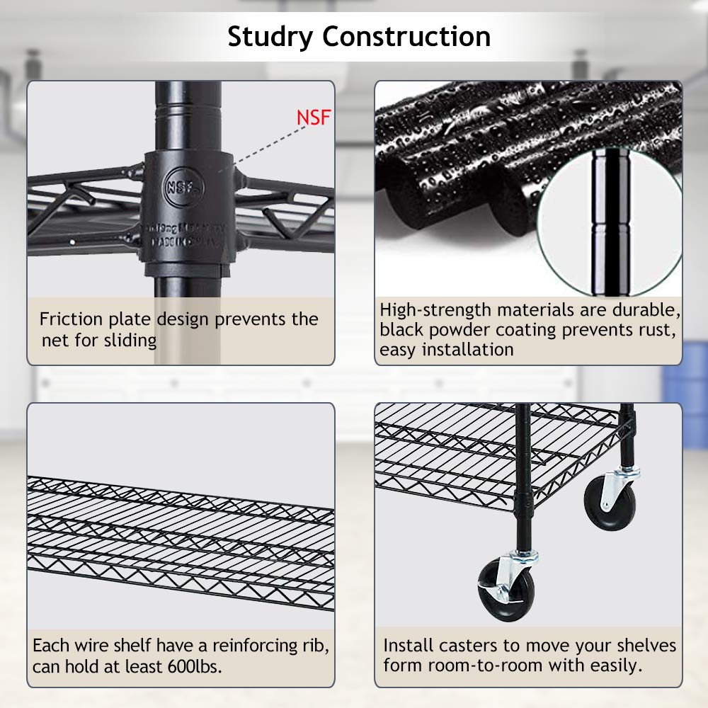 6 Tier Adjustable Wire Shelving Unit w/Casters, NSF Commercial Metal Storage Garage Shelves, 4800 LBS Capacity, Heavy Duty Standing Rack for Payhere