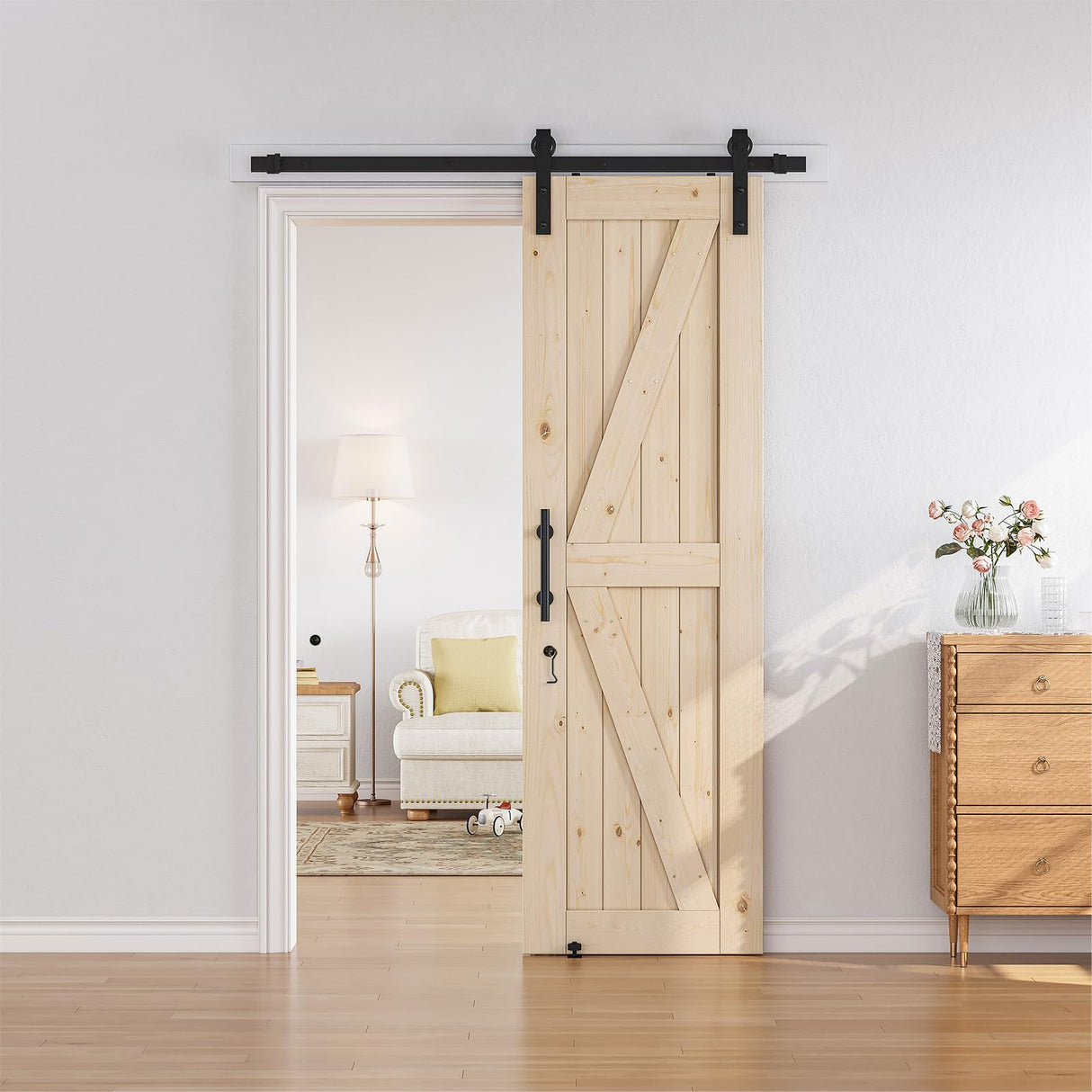 SmartStandard 26in x 84in Sliding Barn Wood Door Pre-Drilled Ready to Assemble, DIY Unfinished Solid Spruce Wood Panelled Slab, Interior Single Door SMARTSTANDARD
