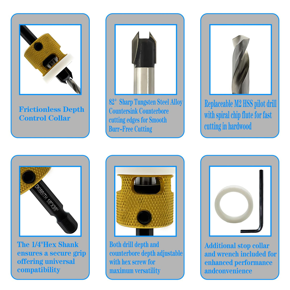 3 Pcs Countersink Drill Bit Set, HSS M2 Tapered Bits #10#12#14-1/8" 9/64" 5/32" Drill, 3/8” 82° Counter-Bore, 1/4” Hex Shank, with Adjustable Depth - WoodArtSupply