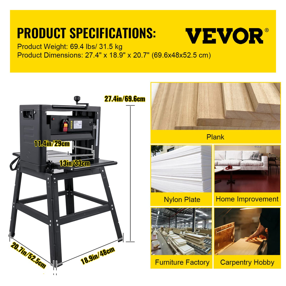 VEVOR Thickness Planer 13-Inch Benchtop Planer 2000W Wood Planer 8000 rpm Woodworking Planer 15 AMP Wood Planer Foldable 6m/min Planing Speed with VEVOR