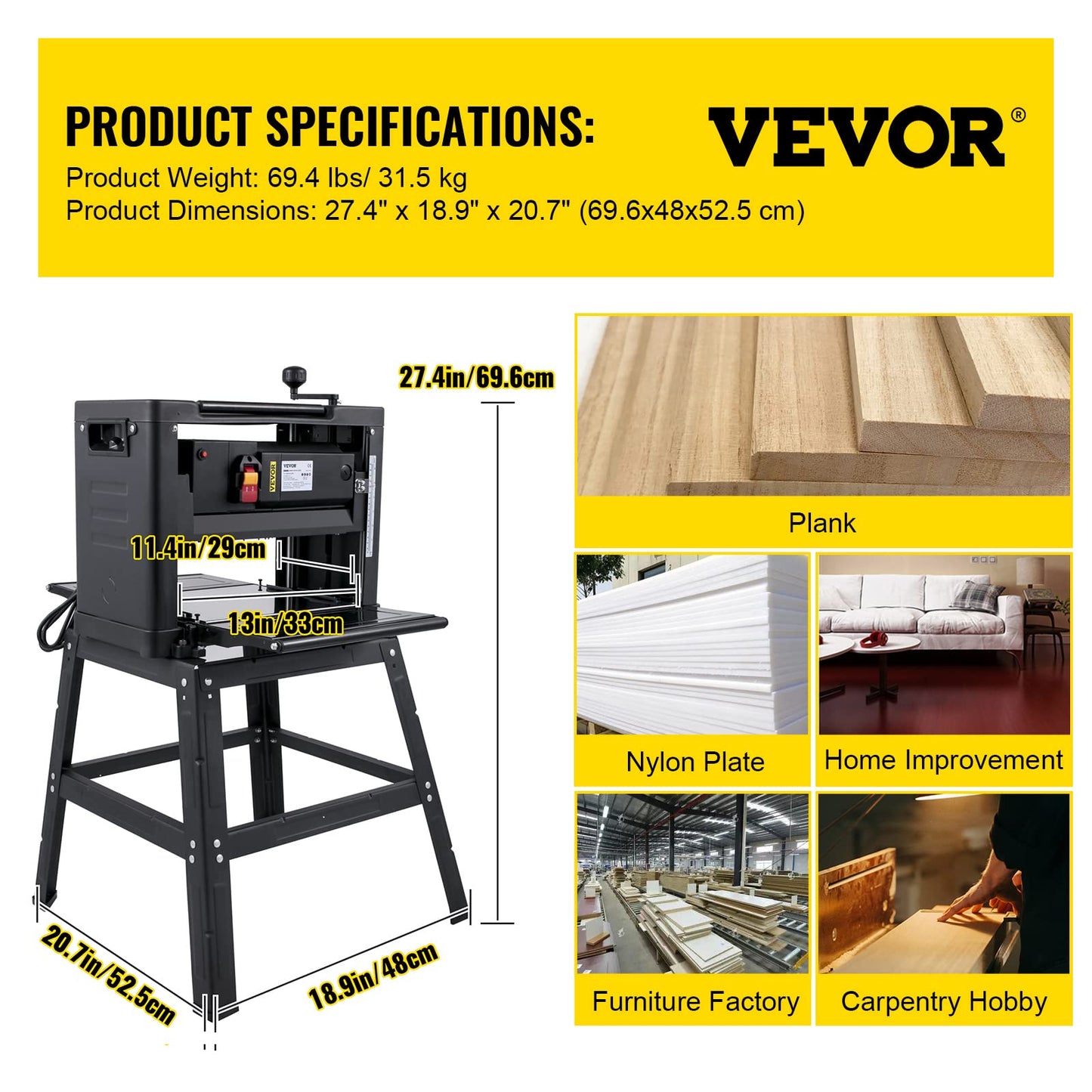 VEVOR Thickness Planer 13-Inch Benchtop Planer 2000W Wood Planer 8000 rpm Woodworking Planer 15 AMP Wood Planer Foldable 6m/min Planing Speed with
