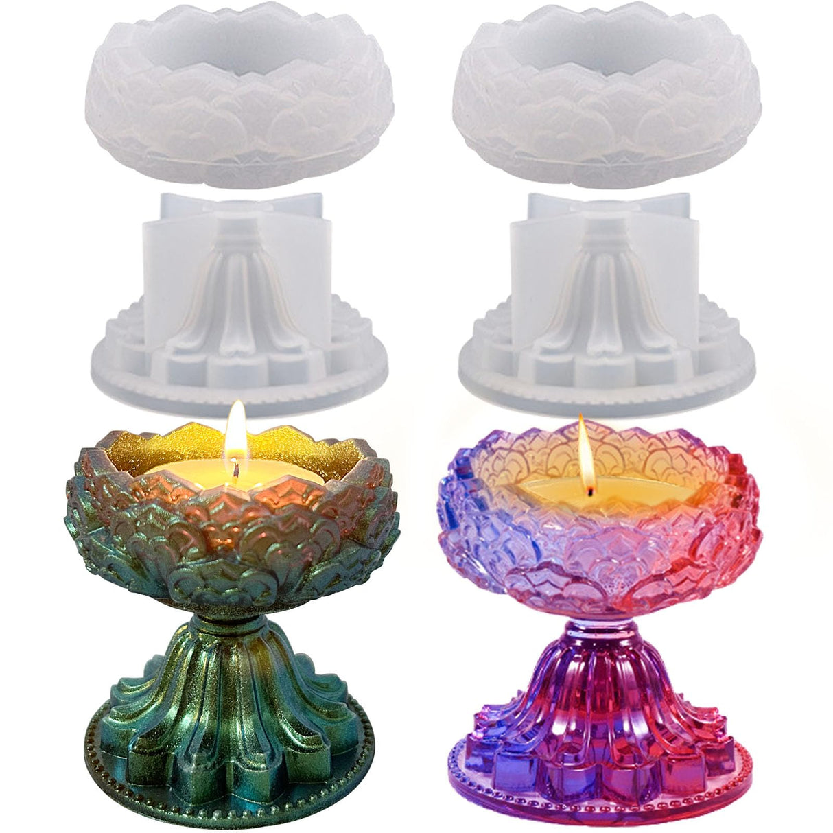 Voaesdk 2 Sets Tealight Candle Holder Resin Molds, Lotus Tea Light Candleholders Silicone Molds for Resin, Flower Votive Candlestick Epoxy Casting Voaesdk