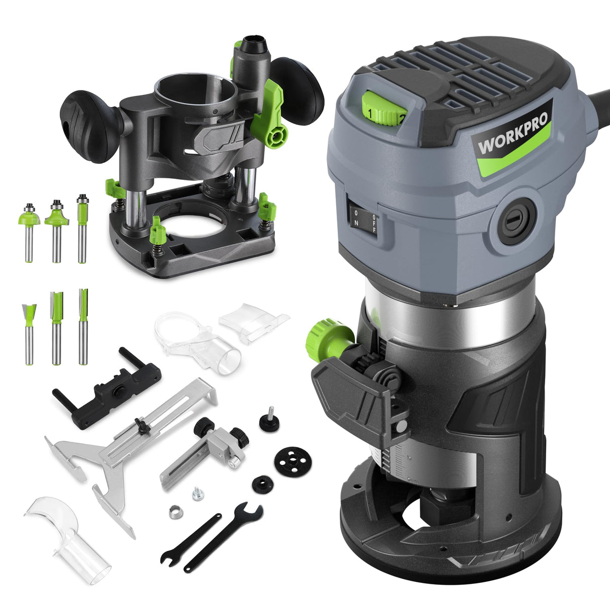 WORKPRO Compact Router Combo Kit, 6.5 Amp Compact Router Fixed Base & Plunge Router for Woodworking Slotting Trimming, 6 Variable Speeds to 32000 RPM WORKPRO