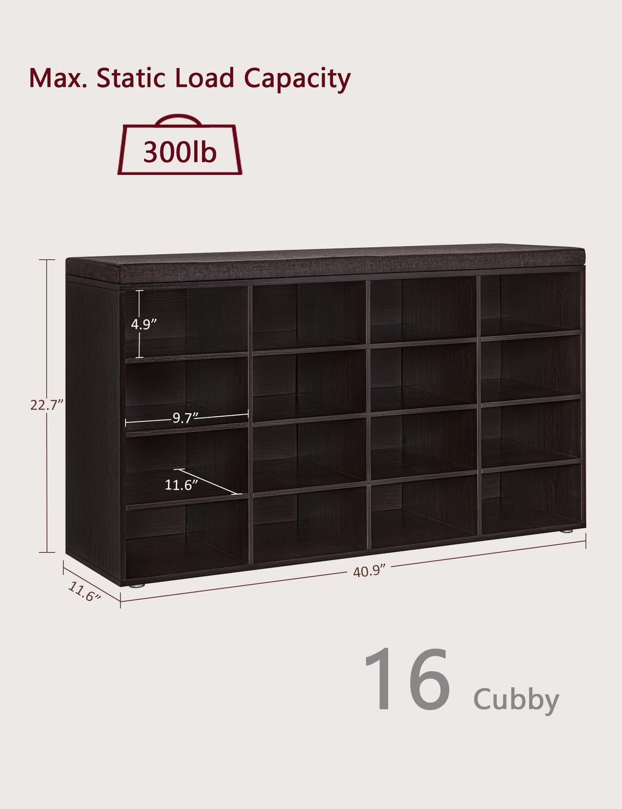 DINZI LVJ Shoe Storage Bench with Cushion, 16-Cubby Shoe Rack, Adjustable Shelves, Multifunctional Shoe Organizer Bench for Entryway, Mudroom, DINZI LVJ