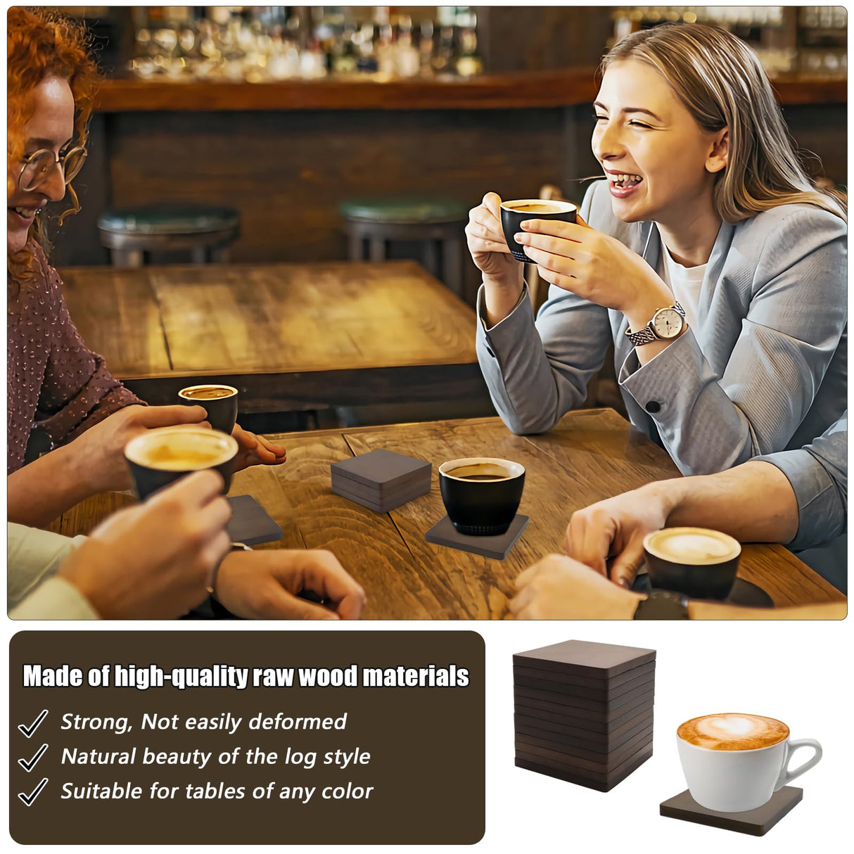 SIJDIEE 4 Inch Wood Drink Coasters, 12 Pack Square Bulk Wooden Coasters with Non-Slip Silicon Dot Stickers for Bar Kitchen Home Dinner Table Decor SIJDIEE