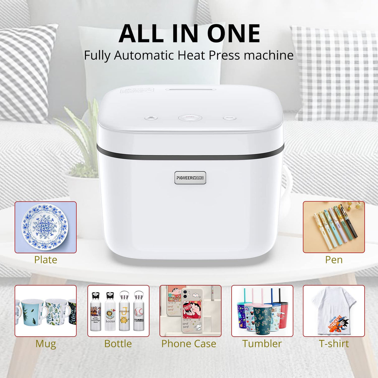 Heat Press Machine All in One, Automatic 3D Vacuum Sublimation Heat Press Transfer 800W with Digital Controller, No Shape Limit for Bottle, T-Shirt, PioneerWorks