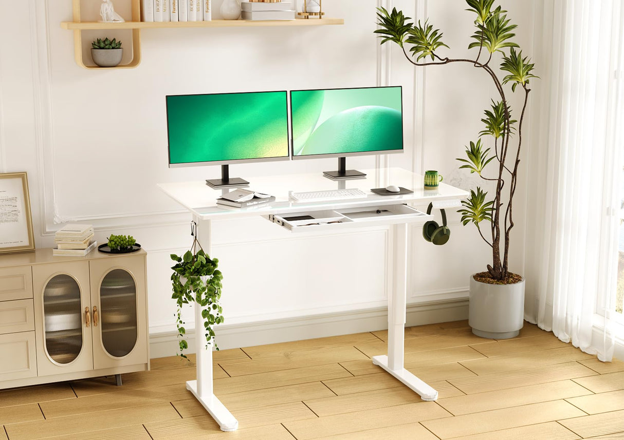 INNOVAR Glass Standing Desk with Drawers, 48×24 Inch Adjustable Stand Up Desk Quick Install Home Office Computer Desk, White INNOVAR