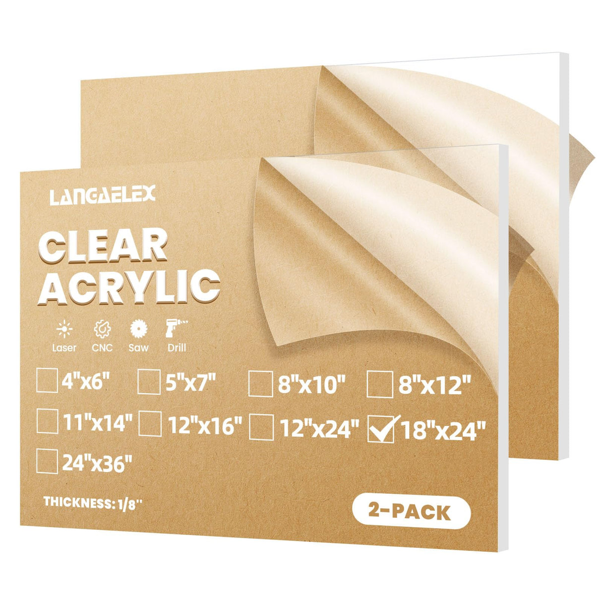 Langaelex Acrylic Sheets - 2 Pack of 18x24" 1/8" Thick Clear Cast Plexiglass for Picture Frame Glass Replacement, Projects Display & Painting - Laser Langaelex