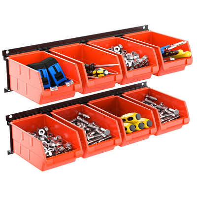 TORACK Wall-Mounted Storage Bins - 8 Plastic Bins & 2 Metal Tracks for Tools Organization in Garage, Craft Room, and Shop