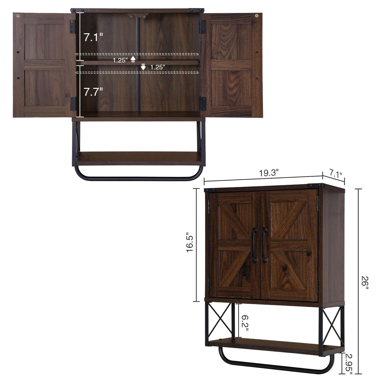 Rustown Vintage Farmhouse Wall Mounted Medicine Cabinet with Barn Doors and Towel Bar RUSTOWN