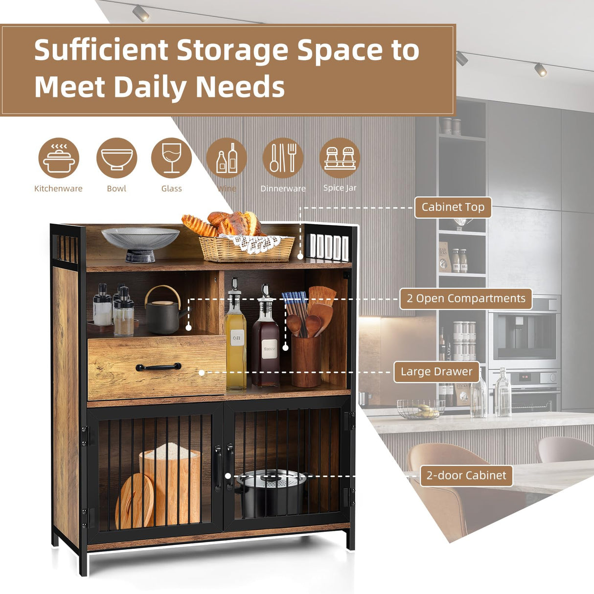 LOKO Buffet Cabinet with Storage, Rustic Kitchen Sideboard Storage Cabinet with Drawer, Credenza Storage Cabinet with Metal Mesh Doors, 31.5 x 14 x LOKO