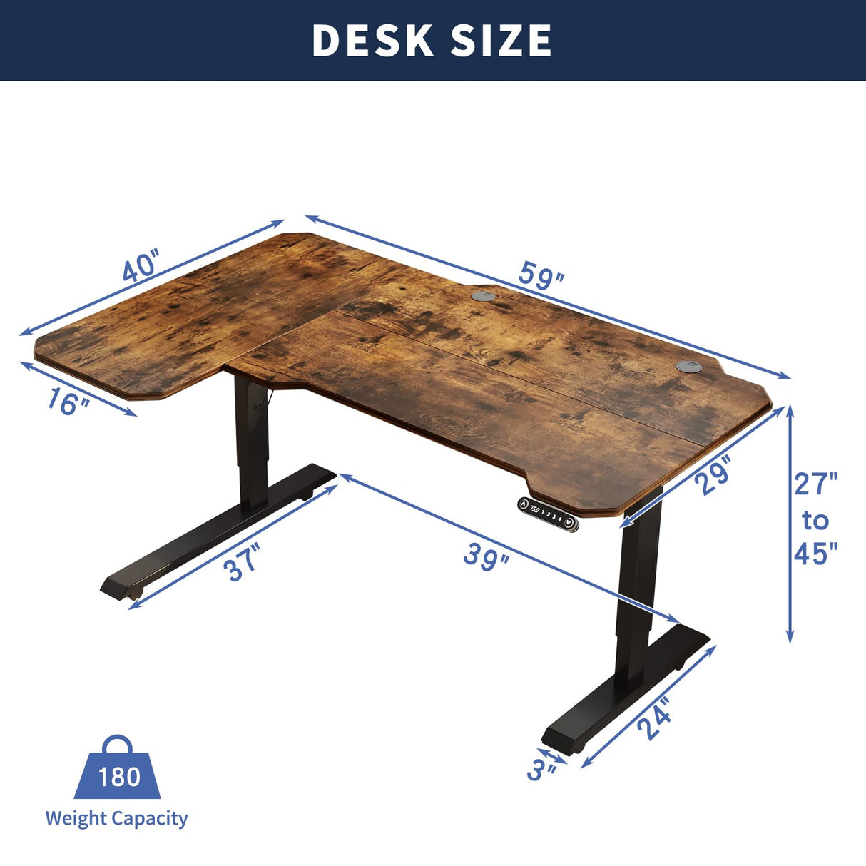 HEONAM 59'' L Shaped Electric Height Adjustable Standing Desk, Sit to Stand Home Office Computer Desk with Black Frame & Rustic Brown Top HEONAM