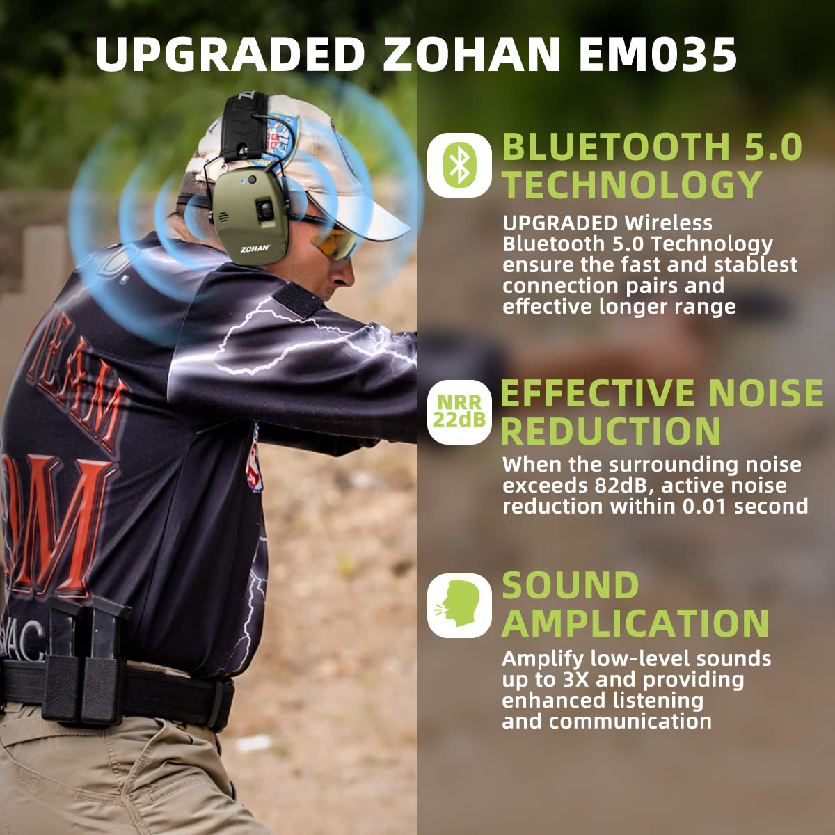 ZOHAN 035 Bluetooth 5.0 Shooting Ear Protection Earmuff, Active Noise Canceling, Hearing Protection with Sound Amplification ZOHAN