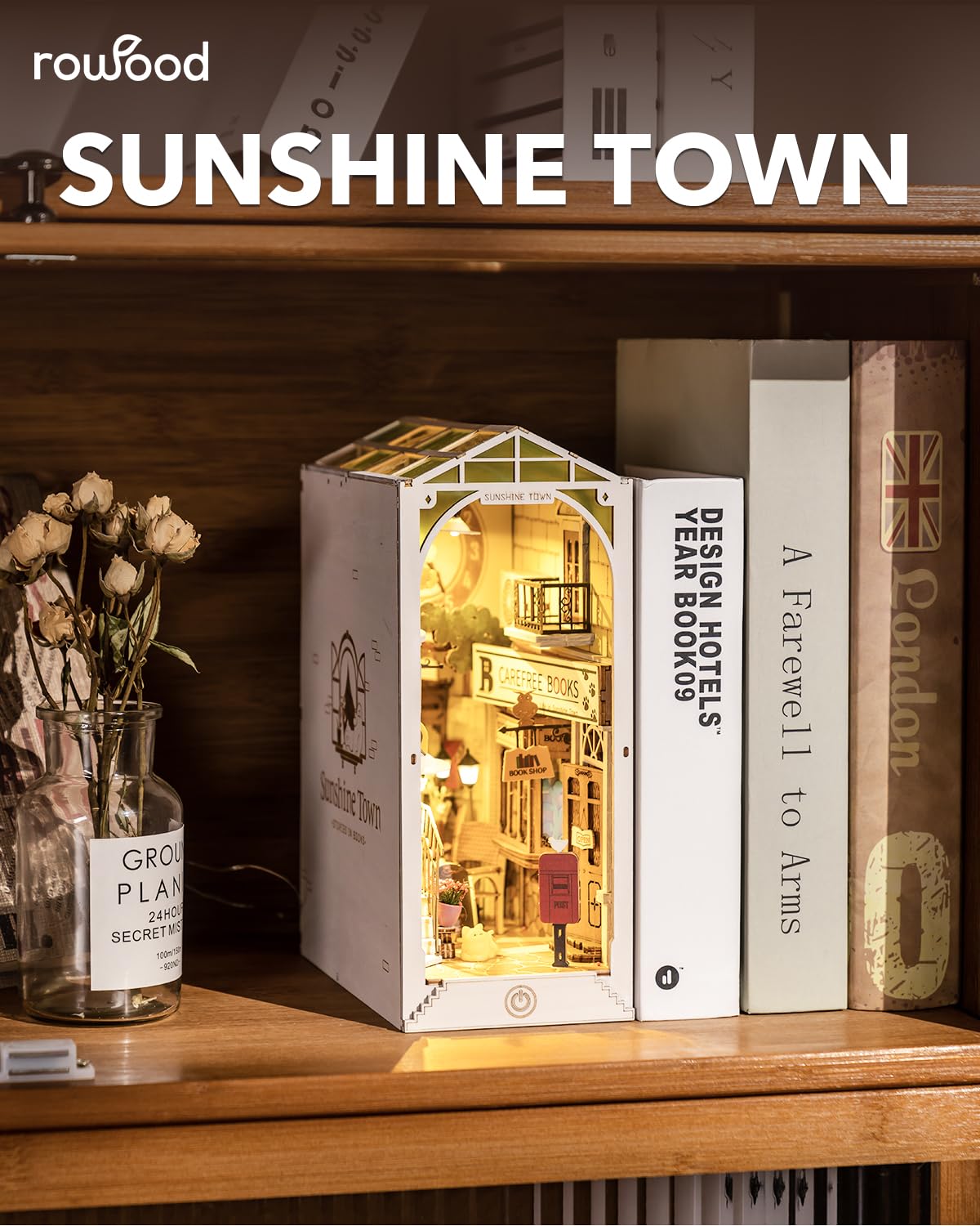 Rowood Book Nook Kits for Adults Bookshelf Insert Decor Alley 3D Wooden Puzzle Bookend DIY Craft Kits for Adults with LED Light - Sunshine Town RoWood
